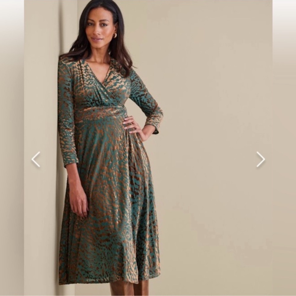 Soft Surroundings Shae Dress Teal and Brown Velvet Burn Out Midi Length Dress